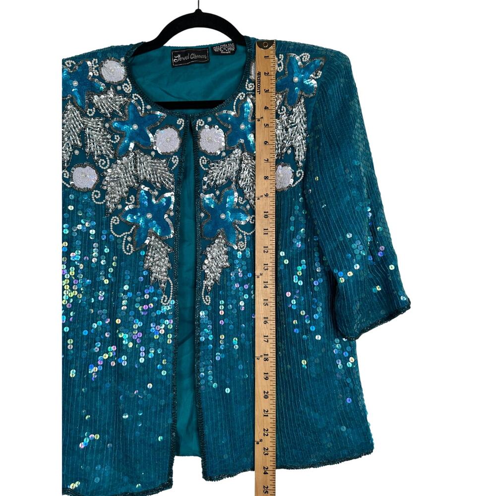 Beaded SILK Sequin Jacket S Peacock Blue Vintage Formal Short Sleeve Floral - Picture 5 of 6